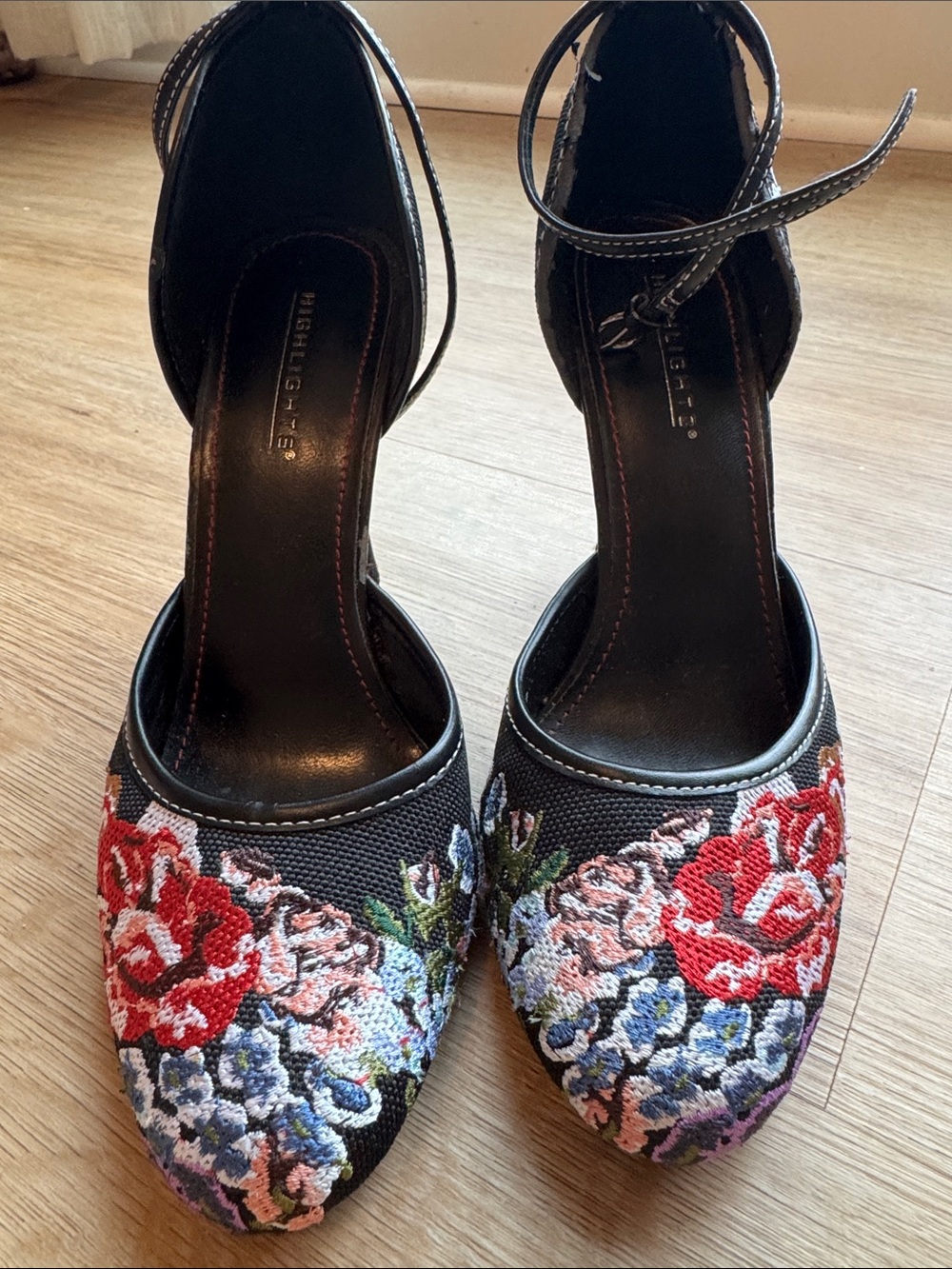 Black Floral Embroidered High Heels with Ankle Strap - Picture 3 of 6